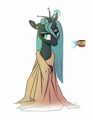 Size: 1700x2300 | Tagged: safe, artist:filly909, artist:imadeus, imported from derpibooru, queen chrysalis, changeling, changeling queen, clothes, coffee, coffee mug, crown, cute, cutealis, female, hand, horn, jewelry, magic, magic hands, messy mane, morning ponies, mug, quadrupedal, regalia, robe, simple background, solo, telekinesis, tired, towel, white background