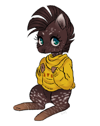 Size: 1004x1260 | Tagged: safe, artist:1eg, imported from derpibooru, oc, oc only, earth pony, pony, zebra, clothes, drawthread, female, filly, requested art, simple background, sweater, white background
