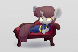 Size: 1280x853 | Tagged: safe, artist:swerve-art, imported from derpibooru, oc, oc only, oc:silver bubbles, pony, unicorn, coveralls, draw me like one of your french girls, fainting couch, furniture, lying down, male, on side, reclining, side, solo, tongue out, work clothes