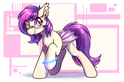 Size: 1800x1200 | Tagged: safe, artist:ravistdash, derpibooru exclusive, imported from derpibooru, oc, oc only, oc:sunset cloudy, bat pony, pony, glasses, looking at you, simple background, smiling, solo, standing