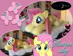 Size: 1280x990 | Tagged: safe, artist:purplenebulastudios, imported from derpibooru, fluttershy, pony, cute, life size, lying down, plushie, prone, shyabetes, solo