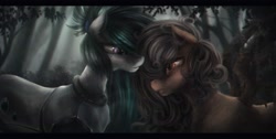 Size: 2780x1400 | Tagged: safe, artist:ventious, imported from derpibooru, oc, oc only, oc:leonie, oc:nighttide star, cyborg, pegasus, pony, brown eyes, crying, curly hair, curly mane, depth of field, detailed background, duo, duo female, female, forest, frizzy hair, hair over one eye, looking at each other, mare, moss, pegasus oc, spanish moss, swamp, violet eyes, wings, wooden wings