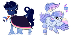 Size: 1024x512 | Tagged: safe, artist:loryska, imported from derpibooru, oc, oc only, oc:indigo sky, oc:ipomoea (loryska), pegasus, pony, unicorn, chest fluff, cloak, clothes, cloven hooves, cutie mark, ear fluff, fangs, female, leonine tail, magical lesbian spawn, male, mare, offspring, one eye closed, parent:trixie, parent:twilight sparkle, parents:twixie, siblings, stallion, tongue out, two toned wings, unshorn fetlocks, wings, wink