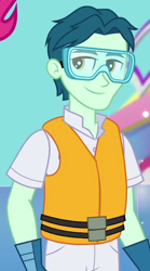 Size: 390x700 | Tagged: safe, imported from derpibooru, screencap, beau tide, equestria girls, equestria girls series, spring breakdown, spoiler:eqg series (season 2), cropped, cruise ship staff, goggles, lifejacket, male, safety goggles, smiling, unnamed character, unnamed human