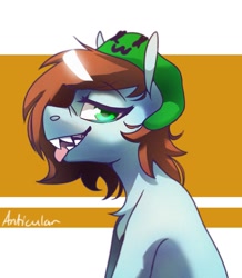 Size: 1255x1440 | Tagged: safe, artist:anticular, imported from derpibooru, oc, oc only, oc:neko, earth pony, pony, bust, female, hat, looking at you, mare, profile, sharp teeth, solo, teeth, tongue out