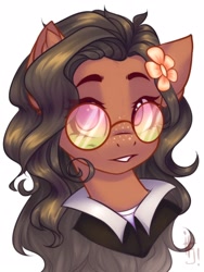 Size: 1200x1600 | Tagged: safe, artist:falafeljake, imported from derpibooru, oc, oc only, earth pony, pony, clothes, curly mane, cute, flower, flower in hair, freckles, glasses, simple background, solo, white background