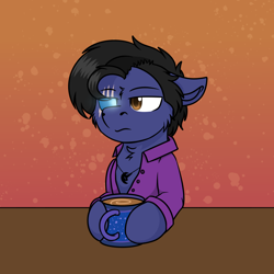 Size: 1000x1000 | Tagged: safe, artist:rokosmith26, imported from derpibooru, part of a set, oc, oc only, oc:nightshade, earth pony, pony, annoyed, brown eyes, cheek fluff, chest fluff, clothes, coffee, coffee mug, commission, cup, floppy ears, fluffy, glowing eye, glowing eyes, holding, jewelry, male, mug, necklace, scar, shirt, simple background, solo, stallion, table, ych result