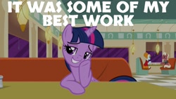 Size: 1920x1080 | Tagged: safe, edit, edited screencap, editor:quoterific, imported from derpibooru, screencap, beaude mane, joan pommelway, twilight sparkle, alicorn, pony, the saddle row review, female, solo, teeth, twilight sparkle (alicorn)