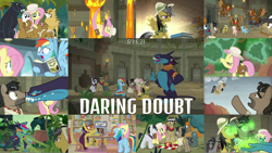 Size: 1978x1113 | Tagged: safe, edit, edited screencap, editor:quoterific, imported from derpibooru, screencap, a.k. yearling, ahuizotl, biff, daring do, doctor caballeron, fluttershy, mitsy, rainbow dash, rogue (character), withers, big cat, earth pony, fly, fly-der, gargoyle, hybrid, insect, jaguar (animal), pony, spider, daring doubt, bag, bamboo flute, blowing flute, book, brainwashing, butt, drinking, eyes closed, falling, female, flute, fly-der charming flute, glowing eyes, henchmen, male, musical instrument, open mouth, plot, rogue (g4), saddle bag, safari hat, sitting, trio, trio female