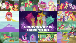 Size: 1978x1113 | Tagged: safe, edit, edited screencap, editor:quoterific, imported from derpibooru, screencap, apple bloom, applejack, biscuit, bloofy, bon appétit, fluttershy, gourmand ramsay, rainbow dash, rarity, ruby slippers (g4), ruby slippers (pony), scootaloo, spur, sweetie belle, twilight sparkle, alicorn, bufogren, earth pony, pegasus, pony, unicorn, growing up is hard to do, applejack's hat, bag, bipedal, book, bow, cowboy hat, cutie mark crusaders, dorothy gale, eyes closed, female, filly, flower, glowing horn, gordon ramsay, hat, horn, laughing, magic, magic aura, male, older, older apple bloom, older scootaloo, older sweetie belle, open mouth, saddle bag, self ponidox, teeth, tied up, train station, trio, trio female, twilight sparkle (alicorn), wishing flower