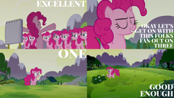 Size: 1986x1117 | Tagged: safe, edit, edited screencap, editor:quoterific, imported from derpibooru, screencap, pinkie pie, earth pony, pony, too many pinkie pies, bipedal, clone, eyes closed, female, hopping, pinkie clone, self ponidox, solo, teeth, tongue out