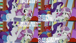 Size: 1986x1117 | Tagged: safe, edit, edited screencap, editor:quoterific, imported from derpibooru, screencap, rarity, sweetie belle, pony, unicorn, marks for effort, angry, bipedal, duo, duo female, female, open mouth, repeatie belle, teeth