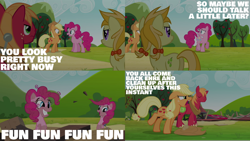 Size: 1986x1117 | Tagged: safe, edit, edited screencap, editor:quoterific, imported from derpibooru, screencap, applejack, big macintosh, jonagold, marmalade jalapeno popette, pinkie pie, earth pony, pony, too many pinkie pies, angry, apple family member, applejack's hat, clone, cowboy hat, duo, duo female, eyes closed, female, fun fun fun, gritted teeth, hat, hatless, missing accessory, open mouth, pinkie clone, self ponidox, sweat, trio