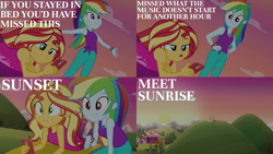 Size: 1986x1117 | Tagged: safe, edit, edited screencap, editor:quoterific, imported from derpibooru, screencap, rainbow dash, sunset shimmer, human, equestria girls, equestria girls series, wake up!, spoiler:eqg series (season 2), duo, duo female, female, open mouth, phone, sunrise, teeth, wake up!: rainbow dash