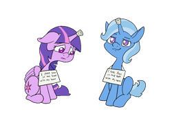 Size: 1000x687 | Tagged: safe, artist:happy harvey, imported from derpibooru, trixie, twilight sparkle, alicorn, pony, unicorn, colored pupils, cork, drawn on phone, duo, floppy ears, horn, horn guard, implied anon, looking down, phone drawing, pony shaming, shame, sign, simple background, sitting, smug, transparent background, twilight sparkle (alicorn)