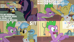 Size: 1986x1117 | Tagged: safe, edit, edited screencap, editor:quoterific, imported from derpibooru, screencap, doctor fauna, spike, twilight sparkle, dragon, earth pony, pony, unicorn, secret of my excess, behaving like a dog, butt, drool, duo, eyes closed, female, male, open mouth, sharp teeth, teeth, tongue out, trio, twibutt, unicorn twilight