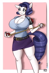 Size: 1365x2048 | Tagged: safe, alternate version, artist:nosch, imported from derpibooru, rarity, anthro, belt, big breasts, breasts, busty rarity, cleavage, clothes, differently-sized breasts, huge breasts, measuring tape, pincushion, smiling