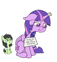 Size: 532x581 | Tagged: safe, artist:happy harvey, imported from derpibooru, twilight sparkle, oc, oc:filly anon, alicorn, earth pony, angry, chest fluff, colored pupils, cork, dogshaming, drawn on phone, female, filly, floppy ears, hilarious in hindsight, horn, horn guard, looking down, looking up, mare, phone drawing, pony shaming, shame, sign, simple background, transformation, transparent background, twilight sparkle (alicorn)