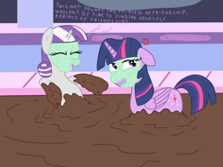 Size: 1600x1200 | Tagged: safe, artist:amateur-draw, imported from derpibooru, twilight sparkle, twilight velvet, alicorn, pony, unicorn, annoyed, conversation, cross-popping veins, duo, female, mother, mother and child, mother and daughter, mud, mud bath, mud mask, parent, show accurate, simple background, text, twilight sparkle (alicorn), wet and messy