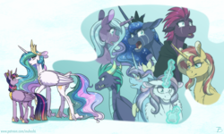 Size: 2416x1452 | Tagged: safe, artist:inuhoshi-to-darkpen, idw, imported from derpibooru, gaius (dragon), potion nova, princess celestia, princess flurry heart, princess luna, radiant hope, sunset shimmer, tempest shadow, twilight sparkle, oc, oc:cosmic prism, alicorn, crystal pony, dragon, pony, unicorn, my little pony: pony life, alternate universe, angry, blushing, chest fluff, crown, crying, crystal unicorn, ear fluff, female, floppy ears, g4.5, gaius, glowing, glowing horn, hoof fluff, hoof shoes, horn, jewelry, leonine tail, magic, mare, memories, pony life, potion, regalia, royal sisters, scar, siblings, sisters, tail feathers, tears of rage, telekinesis, twilight sparkle (alicorn), unshorn fetlocks, wing fluff, wings