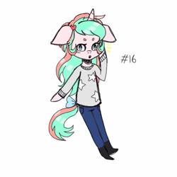 Size: 640x640 | Tagged: safe, artist:cinnavee, imported from derpibooru, oc, oc only, anthro, unicorn, arm hooves, clothes, female, horn, pants, shoes, simple background, solo, unicorn oc, white background