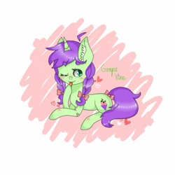 Size: 572x572 | Tagged: safe, artist:cinnavee, imported from derpibooru, oc, oc only, pony, unicorn, :p, abstract background, blushing, bow, braid, ear fluff, hair bow, heart, horn, lying down, one eye closed, prone, solo, tail bow, tongue out, unicorn oc, wink