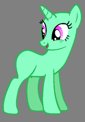 Size: 346x493 | Tagged: safe, artist:bronybase, artist:cinnavee, imported from derpibooru, oc, oc only, pony, unicorn, bald, base, eyelashes, female, gray background, horn, looking back, mare, open mouth, simple background, smiling, solo, unicorn oc