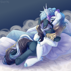 Size: 3000x3000 | Tagged: safe, artist:neonishe, imported from derpibooru, oc, oc only, oc:chipset, oc:indigo, kirin, pony, unicorn, couple, cute, female, hug, kirin oc, male, pillow