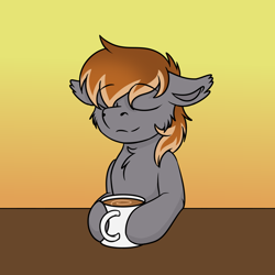 Size: 1000x1000 | Tagged: safe, alternate version, artist:rokosmith26, imported from derpibooru, oc, oc:gallant hymn, earth pony, pony, alternate character, coffee, coffee mug, content, mug, table