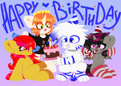 Size: 2400x1700 | Tagged: safe, artist:etoz, imported from derpibooru, oc, oc only, oc:caramel glow, oc:etoz, oc:light speed, oc:robin, alicorn, earth pony, griffon, pony, unicorn, alicorn oc, birthday, birthday cake, blushing, cake, candle, chibi, clothes, crown, earth pony oc, female, food, gift art, gradient background, griffon oc, happy, happy birthday, hat, heart, horn, jewelry, male, mare, party hat, regalia, sitting, smiling, socks, stockings, striped socks, striped stockings, thigh highs, unicorn oc, wings