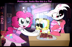 Size: 3088x2000 | Tagged: safe, artist:cyrilwolff, imported from derpibooru, pinkie pie, anthro, arachnid, demon, human, spider, equestria girls, angel dust, angel dust (hazbin hotel), crossover, cupcake, eating contest, femboy, food, hazbin hotel, heterochromia, male, multiple arms, multiple limbs, spider demon, sponge, spongebob squarepants, spongebob squarepants (character), trap