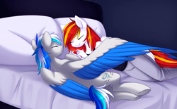 Size: 3431x2122 | Tagged: safe, artist:scarlet-spectrum, imported from derpibooru, oc, oc only, oc:diamond sun, oc:hawker hurricane, anthro, pegasus, pony, series:pet hawk, anthro with ponies, bed, clothes, colored wings, commission, female, hawkmond, male, mare, sleeping, stallion, wings