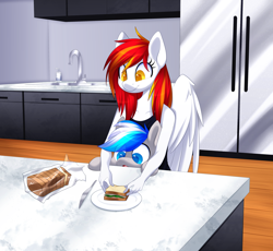 Size: 3000x2756 | Tagged: safe, artist:scarlet-spectrum, imported from derpibooru, oc, oc:diamond sun, oc:hawker hurricane, anthro, pegasus, pony, series:pet hawk, anthro with ponies, bread, commission, duo, female, food, hawkmond, kitchen, knife, male, mare, refrigerator, sandwich, sink, stallion, toast