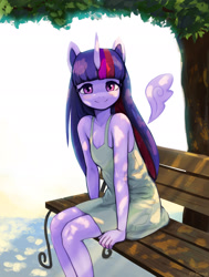 Size: 1900x2514 | Tagged: safe, artist:mrscroup, imported from derpibooru, twilight sparkle, alicorn, anthro, adorasexy, bench, breasts, cleavage, cute, delicious flat chest, female, flatlight sparkle, floating wings, looking at you, sexy, sitting, sleeveless, small breasts, smiling, smiling at you, solo, tree, twiabetes, twilight sparkle (alicorn), wings