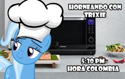 Size: 888x562 | Tagged: safe, imported from derpibooru, trixie, chef, colombia, microwave, spanish