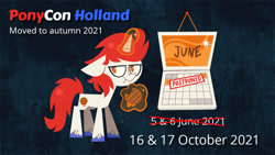 Size: 980x551 | Tagged: safe, artist:spacekitsch, imported from derpibooru, oc, oc only, oc:stroop, oc:stroopwafeltje, oc:waffles, pony, 2021, convention:ponyconholland, netherlands, ponycon holland, ponyconholland, solo