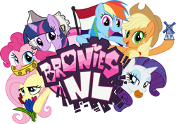 Size: 847x600 | Tagged: safe, imported from derpibooru, applejack, fluttershy, pinkie pie, rainbow dash, rarity, twilight sparkle, broniesnl, cheese, flag, food, logo, mane six, netherlands, tulip, waffle, windmill