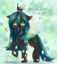 Size: 1744x1948 | Tagged: safe, artist:zefirka, imported from derpibooru, queen chrysalis, changeling, changeling queen, blushing, bronybait, crown, cute, cutealis, female, hoof hold, jewelry, regalia, talking to viewer, tongue out, transparent wings, wings