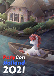 Size: 362x512 | Tagged: safe, artist:kikirdcz, imported from derpibooru, oc, oc only, oc:stroop, oc:stroopwafeltje, oc:waffles, pony, 2021, convention:ponyconholland, giethoorn, netherlands, overijssel, ponycon holland, ponyconholland, solo