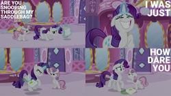 Size: 1986x1117 | Tagged: safe, edit, edited screencap, editor:quoterific, imported from derpibooru, screencap, rarity, sweetie belle, pony, unicorn, ponyville confidential, season 2, angry, bag, bipedal, duo, duo female, eyes closed, female, floppy ears, glowing horn, gritted teeth, horn, magic, magic aura, nervous, saddle bag, solo