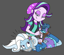 Size: 1700x1467 | Tagged: safe, artist:bugssonicx, imported from derpibooru, starlight glimmer, trixie, equestria girls, arm behind back, bondage, bound and gagged, female, femdom, femsub, gag, hogtied, rope, rope bondage, stardom glimmer, submissive, sweat, sweatdrops, tape, tape gag, the weak and powerless trixie, tied up, trixsub, tying