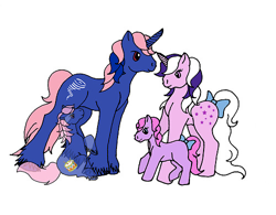 Size: 500x389 | Tagged: artist needed, safe, imported from derpibooru, baby drummer, ember (g1), tornado (g1), twilight, oc, unicorn, bow, canon x oc, family, female, g1, male, tail bow