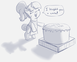 Size: 2375x1916 | Tagged: safe, artist:heretichesh, imported from derpibooru, oc, oc only, oc:zippi, pony, unicorn, apron, birthday, birthday cake, cake, clothes, dialogue, female, filly, food, solo, text