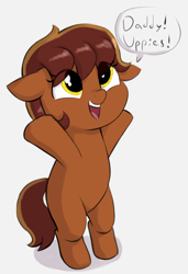 Size: 968x1412 | Tagged: safe, artist:heretichesh, imported from derpibooru, oc, oc:garnet gold, earth pony, pony, bipedal, cute, dialogue, female, filly, happy, ocbetes, offscreen character, offspring, parent:oc:flint spark, parent:oc:ruby rouge, parents:oc x oc, rearing, text, upsies, weapons-grade cute
