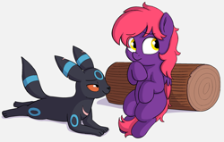 Size: 2712x1728 | Tagged: safe, artist:heretichesh, imported from derpibooru, oc, pegasus, pony, umbreon, ambiguous gender, colt, crossover, log, male, pokémon, scar, shy, sitting