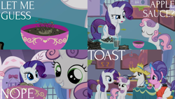 Size: 2000x1125 | Tagged: safe, edit, edited screencap, editor:quoterific, imported from derpibooru, screencap, cookie crumbles, hondo flanks, rarity, sweetie belle, pony, unicorn, sisterhooves social, cooking, eyes closed, female, food, hat, liquid toast, male, open mouth, sweetie belle can't cook, sweetie fail, teeth