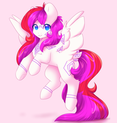 Size: 1800x1888 | Tagged: safe, artist:m1lkycloud, imported from derpibooru, oc, oc only, oc:mizhore, pegasus, pony, female, mare, pink background, simple background, solo