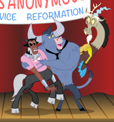 Size: 1280x1368 | Tagged: safe, artist:aleximusprime, imported from derpibooru, discord, iron will, lord tirek, centaur, draconequus, minotaur, be patient i'm reforming, clothes, cute, male, reformation, shirt, t-shirt, tirebetes, trio, trio male, willabetes