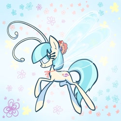 Size: 2048x2048 | Tagged: safe, artist:pfeffaroo, imported from derpibooru, coco pommel, breezie, abstract background, breeziefied, female, high res, profile, smiling, solo, species swap, spread wings, wings