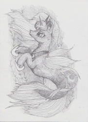 Size: 740x1024 | Tagged: safe, artist:daisymane, imported from derpibooru, alicorn, pony, seapony (g4), clothes, crown, dorsal fin, female, fin wings, fish tail, flowing mane, flowing tail, hoof shoes, horn, jewelry, looking up, monochrome, pencil drawing, regalia, seaponified, seapony luna, seaweed, see-through, signature, solo, species swap, tail, traditional art, underwater, water, wings